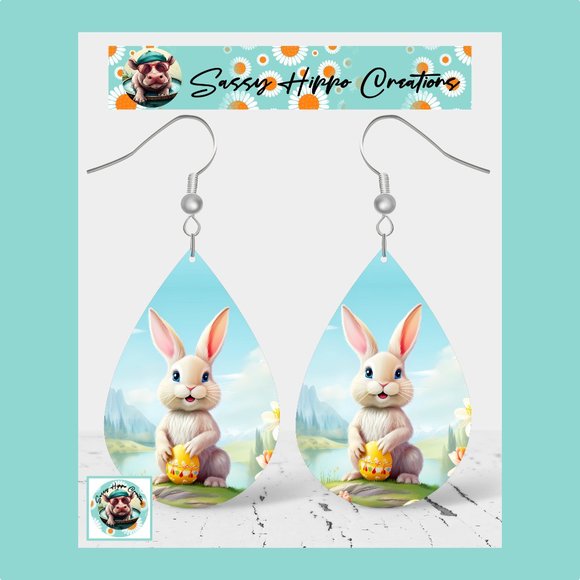 Earrings Easter Bunny Eggs Spring Flowers Sublimated Printed on MDF Hook Backs - Picture 1 of 4